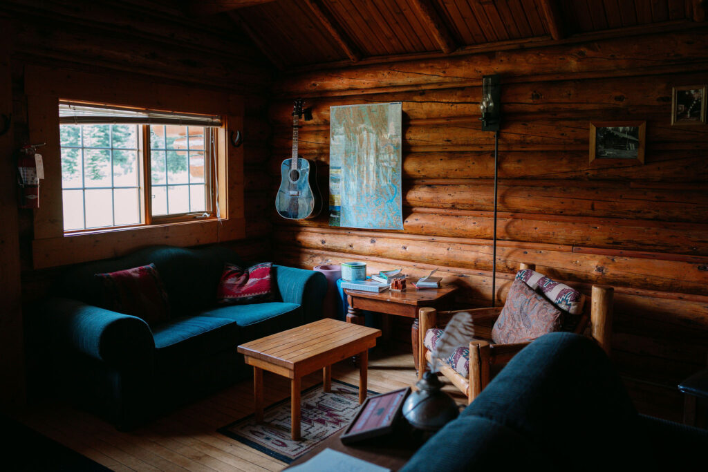 Inside couches of CPR cabin at Shadow Lake Lodge