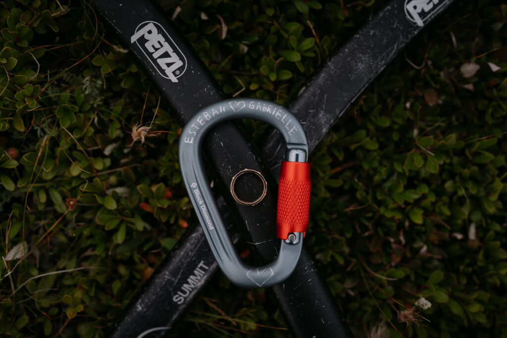 custom climbing clip engraved with elopement details for climbing elopement