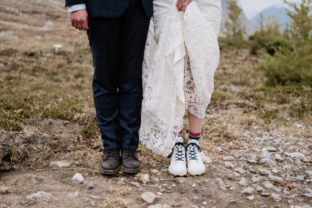 black and white bride and groom hiking boots 