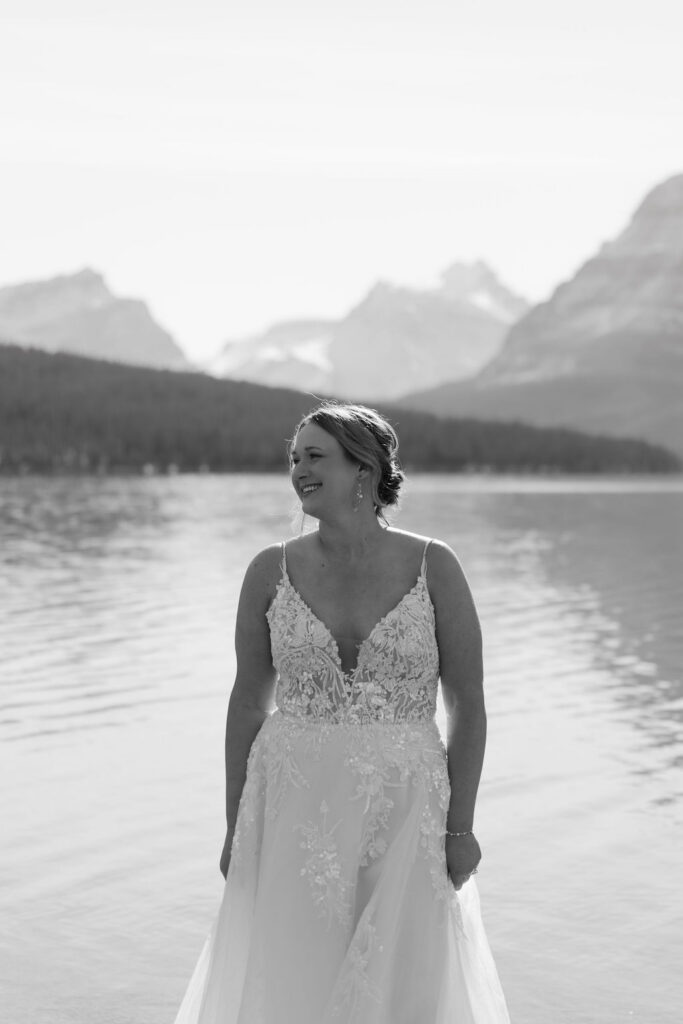 bride on the shore of Bow Lake