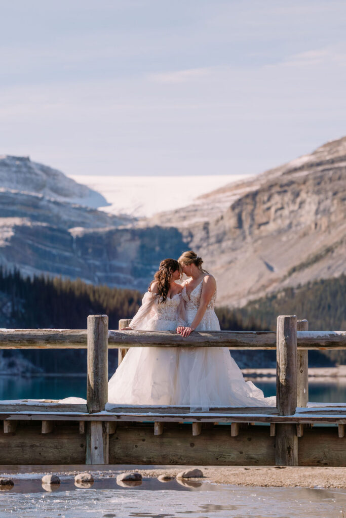Brides on the bridge at Bow Lake